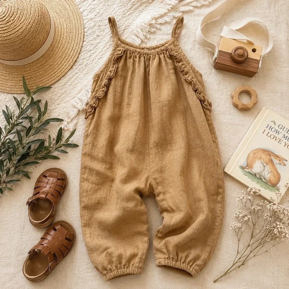 ZARA Baby Linen/cotton Blend Ruffle Sleeveless Romper Tan 2-3 Years Unisex